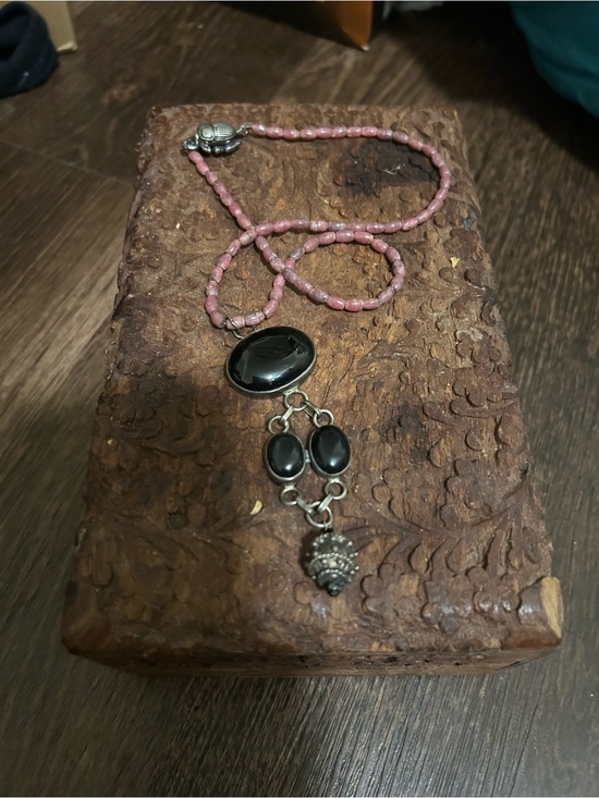 Jewelry - Pink Beaded Necklace with Black Stone Pendant